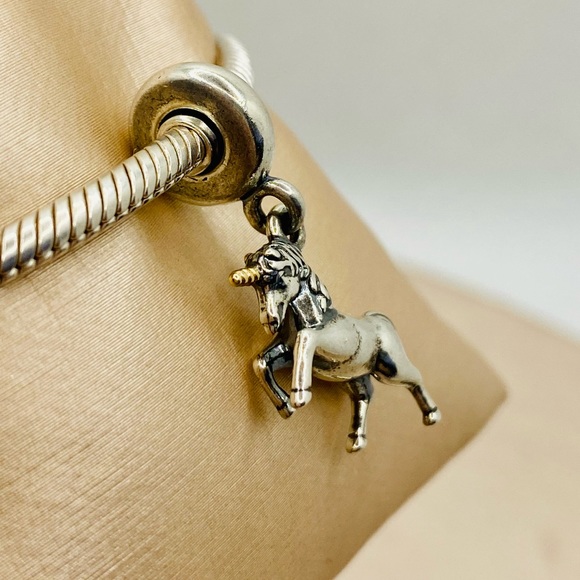 EUC Pandora 791200 Sterling Silver & 14K Gold Unicorn Fantasy Animal Dangle Bead - Picture 4 of 11